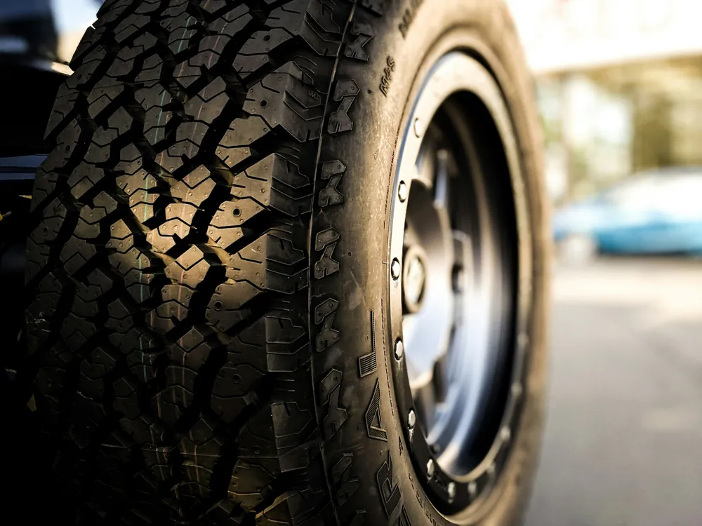 A tire and wheel up close
