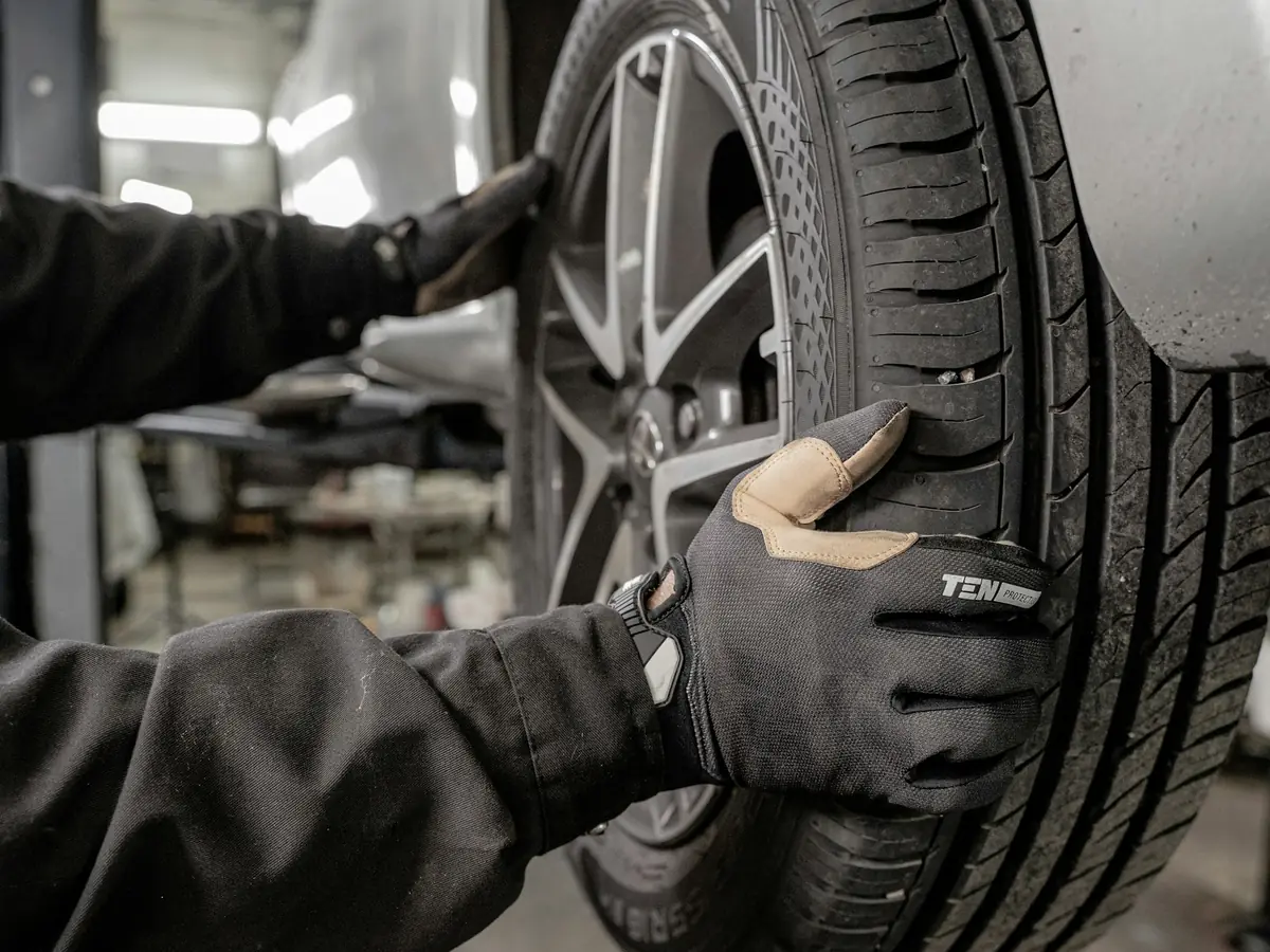 Hands fitting a tire in a garage