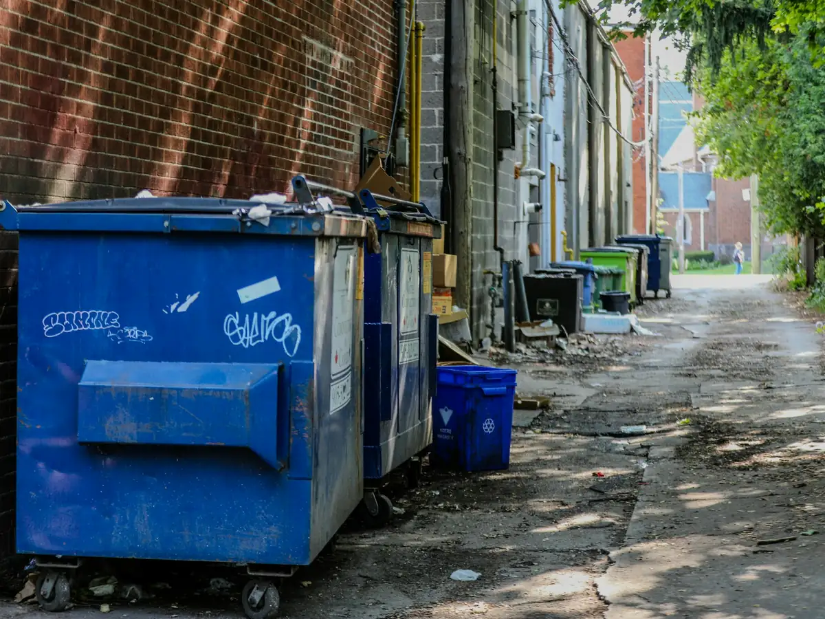 Blue bins in a lane