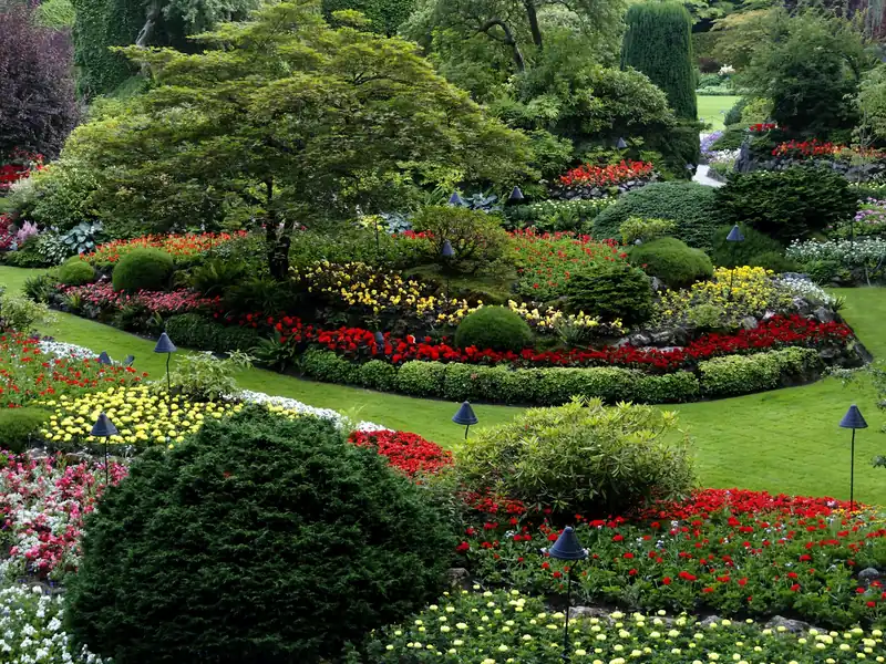 Flower beds and trimmed shrubs