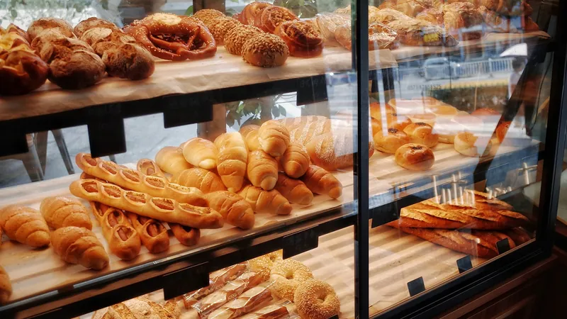 Bread and pastries in a display case