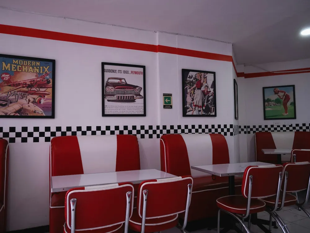Red and white diner booths