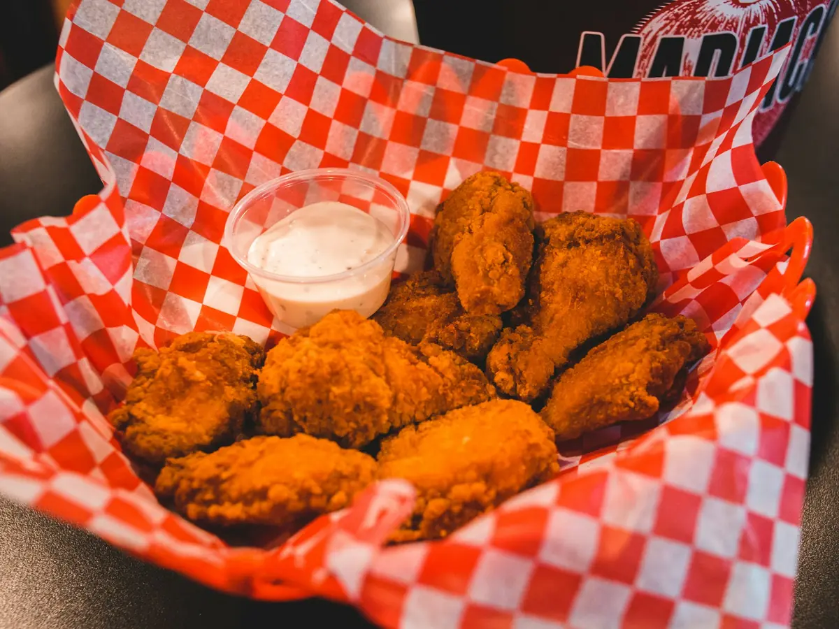 Fried chicken in a lined basket