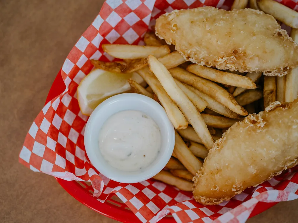 Fried food in a checkered basket