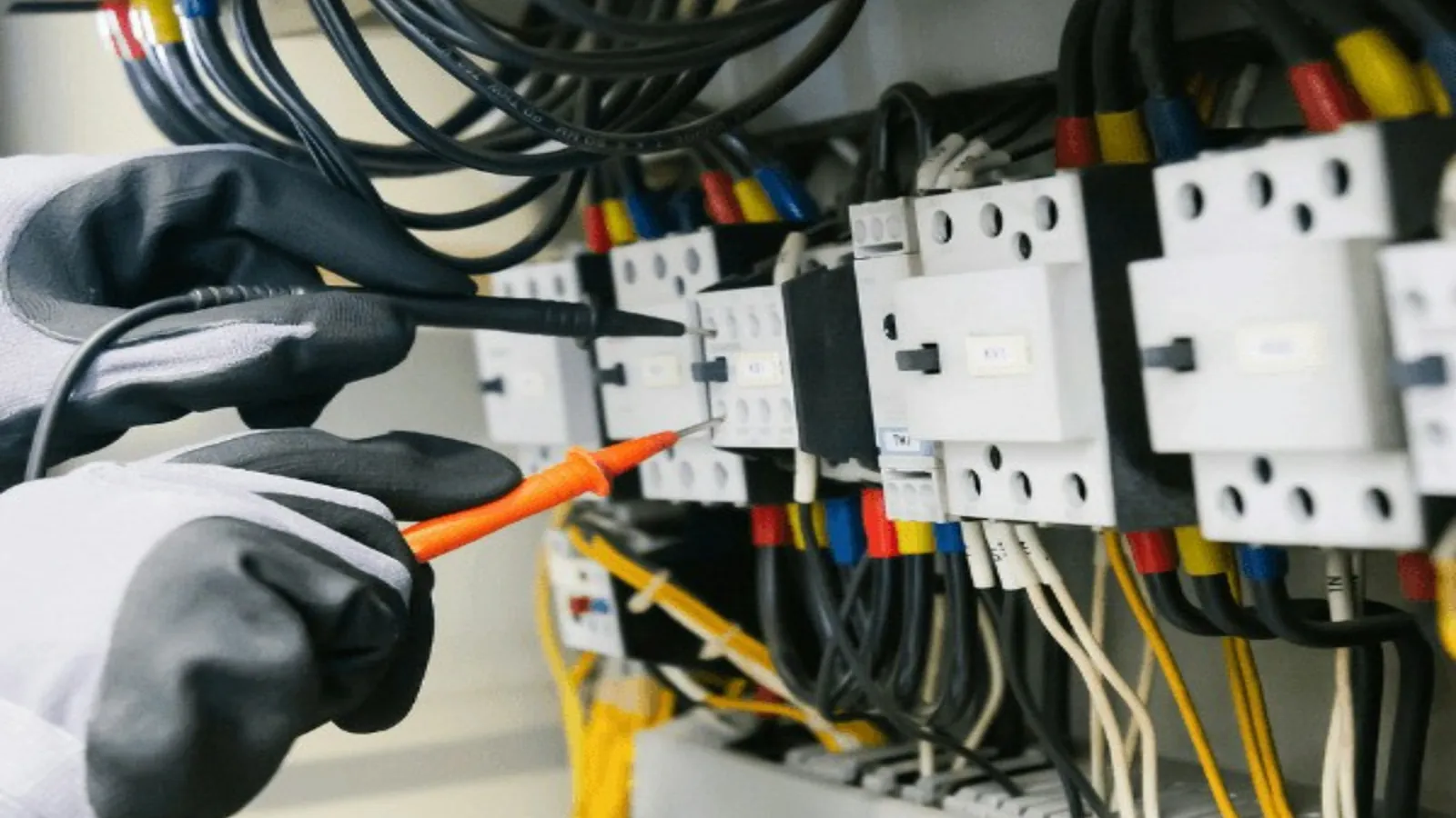 Hands testing an electrical panel with a meter