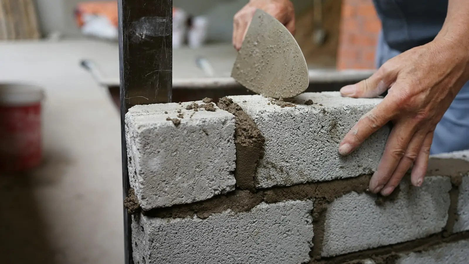 Hands laying mortar on a block wall